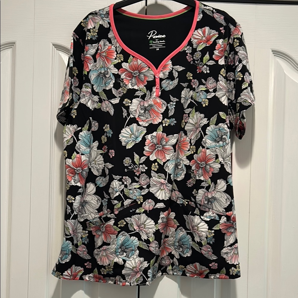 Floral Black Top with Pink Trim Scrubs